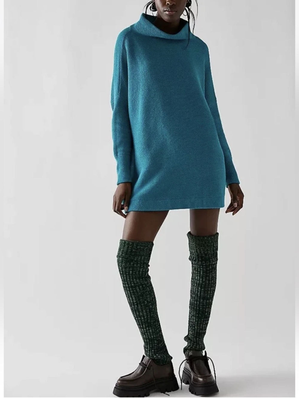 Free People Electric Teal Long Sleeve Ottoman Slouchy Ribbed Tunic Sweater Sz S